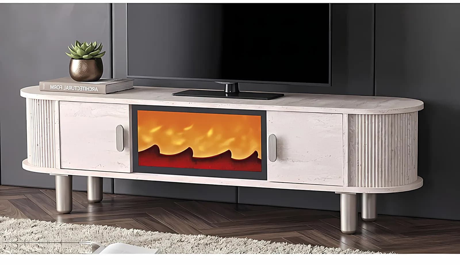 BOHEM, TV-Lowboard mit Elektrokamin, Beige