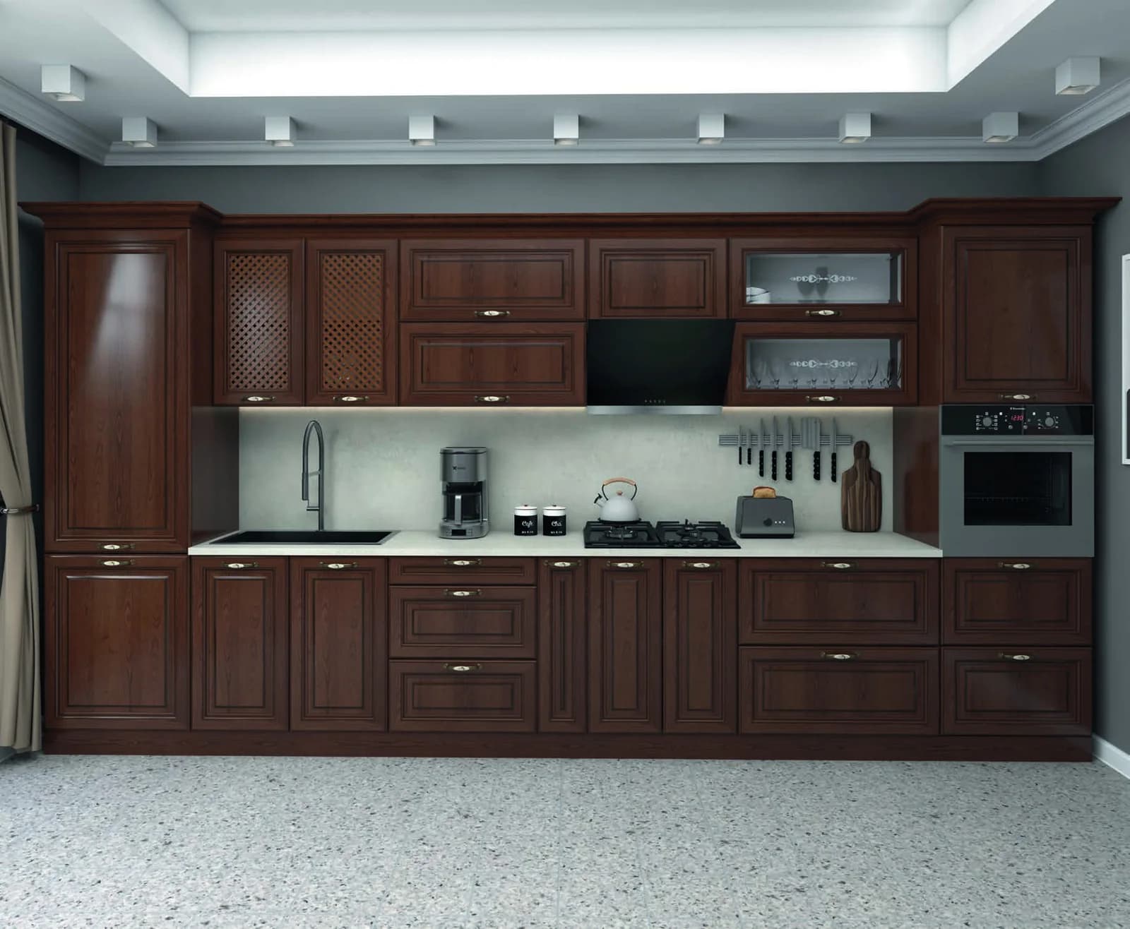 ROXANA, Landhausküche, MDF foliert Nussbaum