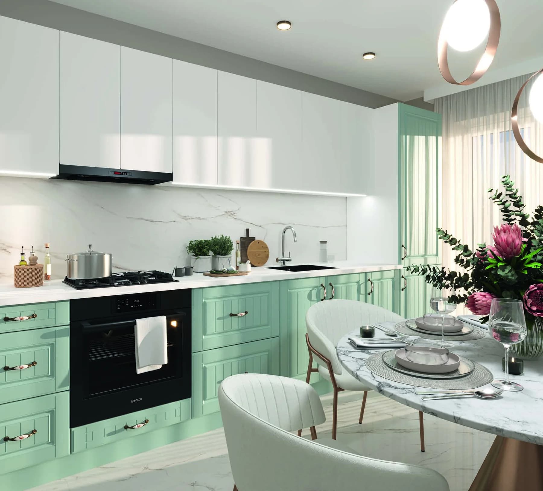 Küche in Mint mit Marmor-Rückwand